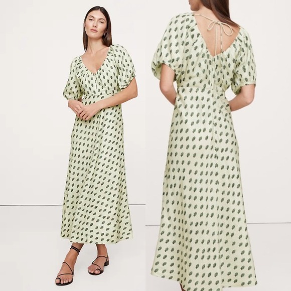 Banana Republic Dresses & Skirts - Banana Republic Viscose-Linen Ruched Midi Dress, Green Botanical Print 14 NWT